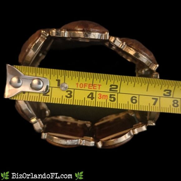 VINTAGE: Gold Tone Link Stretch Bracelet w/ Brown Swirl Acrylic Cabochons *RARE* - Picture 6 of 7